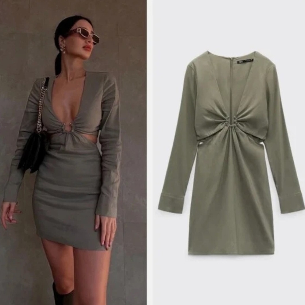 Zara Olive Long Sleeve Dress with Front Twist